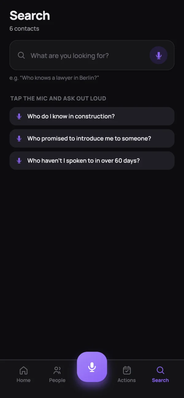 FOLKO search screen: a field “What are you looking for?” with a microphone button, and example questions to ask out loud, such as “Who do I know in construction?” and “Who promised to introduce me to someone?”.
