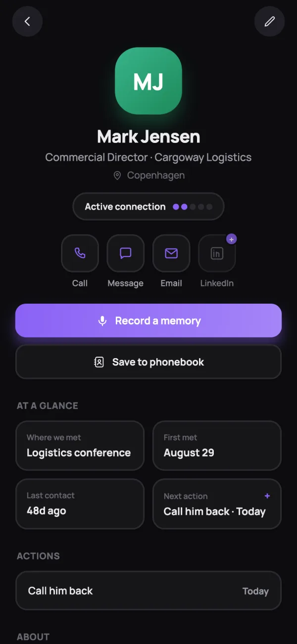 Profile of Mark Jensen, Commercial Director at Cargoway Logistics, Copenhagen: met at a logistics conference on August 29, next action “Call him back, today”.