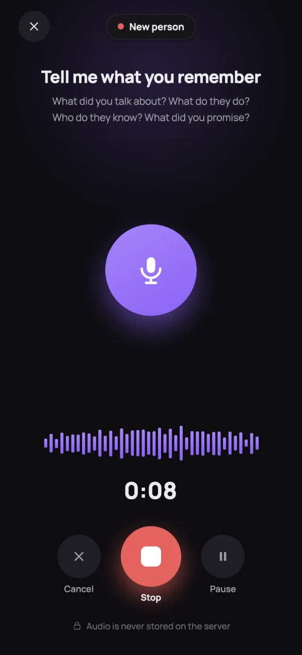 FOLKO recording screen: “Tell me what you remember”, a live waveform, 0:08 on the timer and a Stop button.